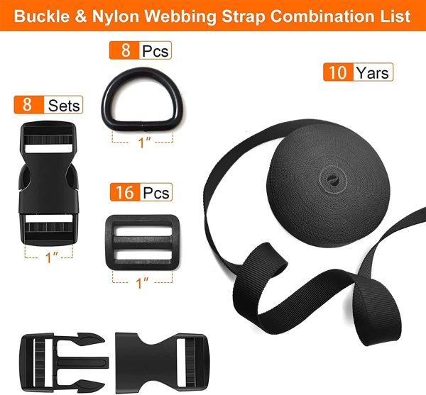 10 Yards 1'' Nylon Webbing Straps 8 Pcs Quick Side Release Buckles for 1inch Strap, 16 Pcs Tri-Glide Slides Flat Plastic Buckle Clips, 8 Pcs Metal D Rings for Backpack Replacement, Heavy Duty Black - Image 2