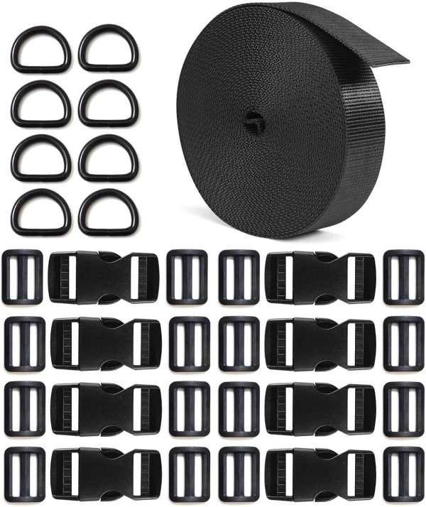 10 Yards 1'' Nylon Webbing Straps 8 Pcs Quick Side Release Buckles for 1inch Strap, 16 Pcs Tri-Glide Slides Flat Plastic Buckle Clips, 8 Pcs Metal D Rings for Backpack Replacement, Heavy Duty Black